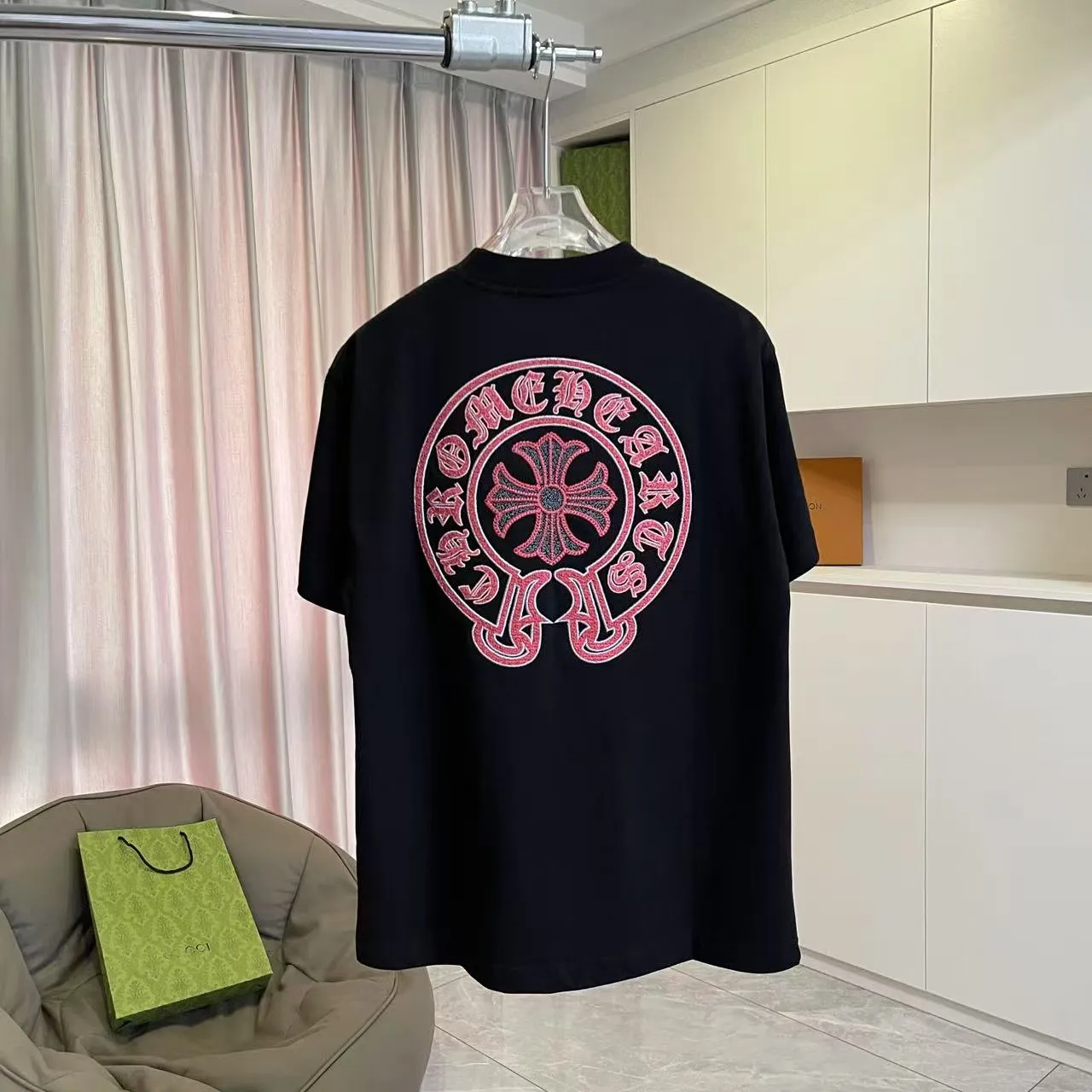 🅿️200 ch Cro* 2025 summer new style Sanskrit horseshoe cross cross vacuum embroidery short-sleeved t-shirt customized fabric 300g same style for men and women Size: S M L XL XXL Five codes Color: black white